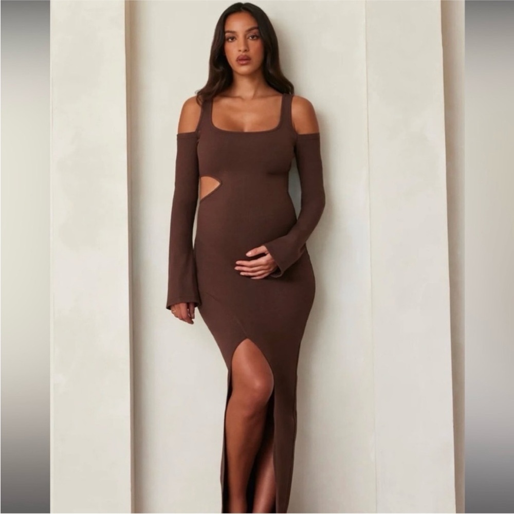 Bumpsuit The Sculpting Rib Long Sleeve Cut-Out Brown Maxi Dress M